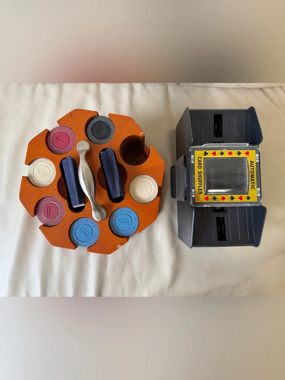Vintage Wooden Poker Chip Carousel Set with Automatic Card Shuffler
